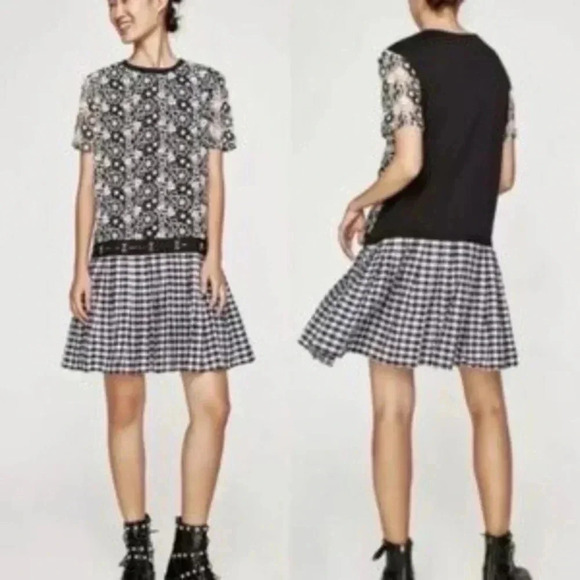 Zara floral lace top gingham skirt dress Small 7901/276 - Picture 1 of 7